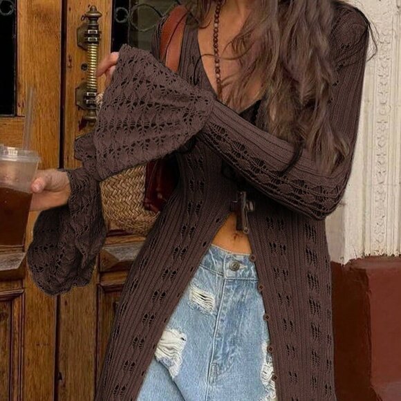 Brown Casual Women's Long Sleeve Button Elegant Crochet caridgan - Picture 3 of 8